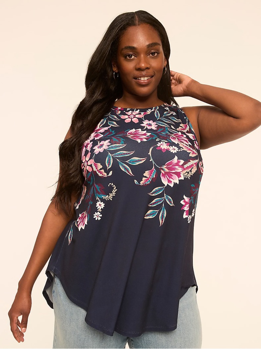 Navy Floral Sleeveless Swing Top - Women